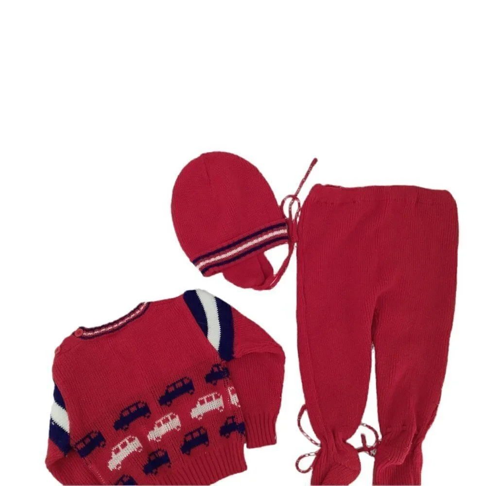 Vintage Knit Baby Outfit Size 6-12 Footie Pants Sweater Pompom Earflap Hat Cars